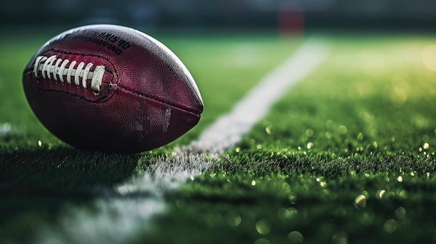 Photo closeup of american football on the field at night