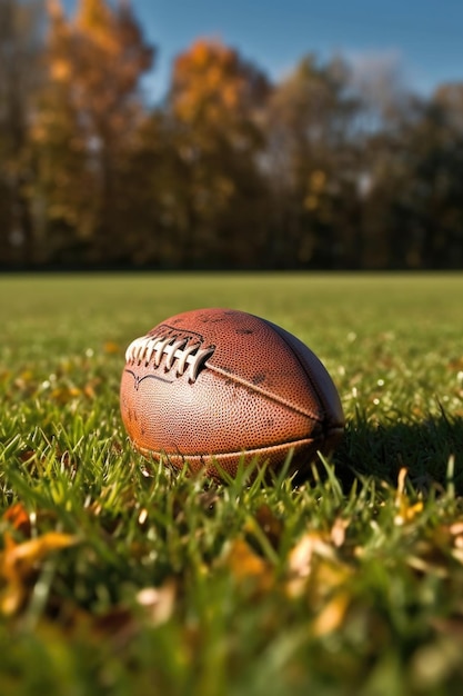 Closeup of an american football on a grass field created with generative ai