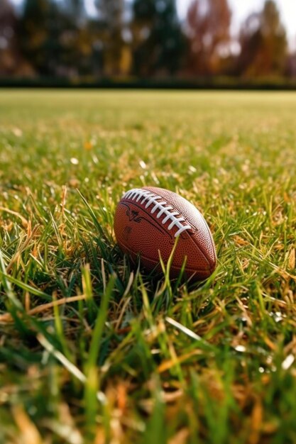 Closeup of an american football on a grass field created with generative ai