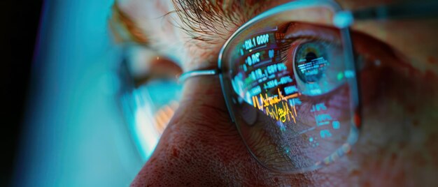 Photo closeup of analyst with glasses examining financial charts