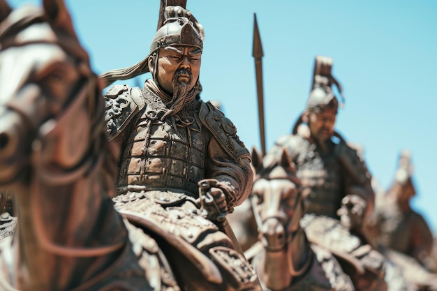 Photo closeup ancient chinese soldiers rode horses to lead troops in war