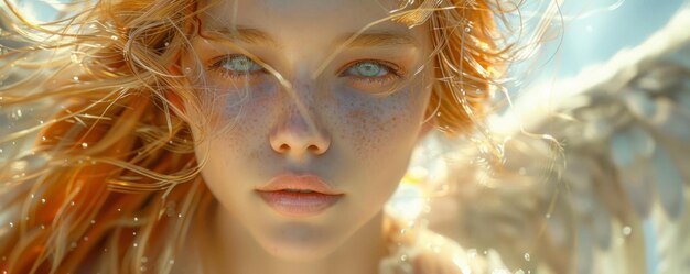 A closeup of an Angelings face with the desert winds lifting its hair and wings