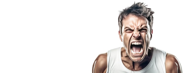 Closeup angry angry man white background isolate Aggressive person abuses