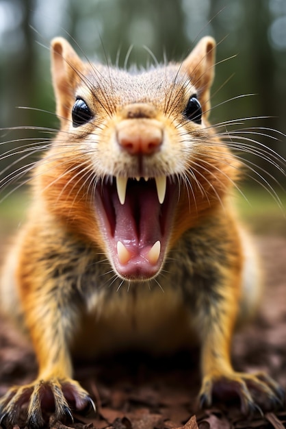 Photo closeup of an angry chipmunk baring its teeth