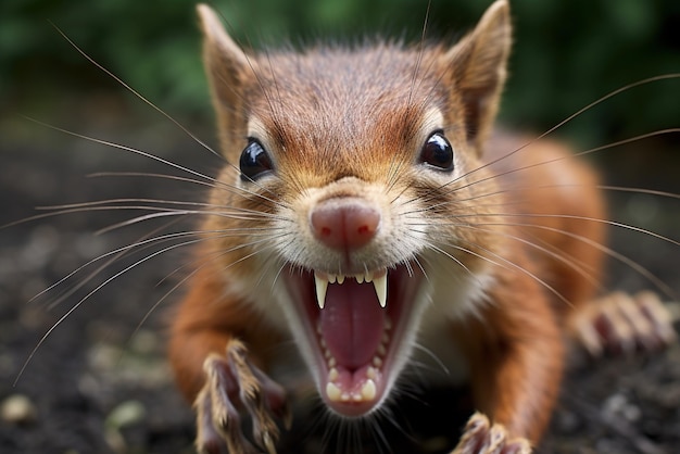 Foto primo piano di uno scoiattolo arrabbiato che scopre i suoi denti