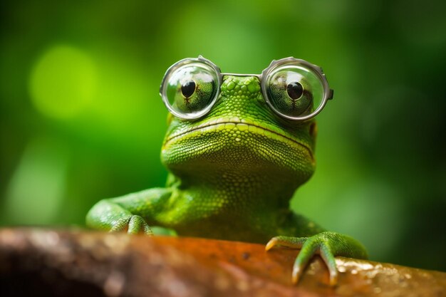 Photo closeup animal portrait reptile green lizard glasses scale iguana wildlife generative ai