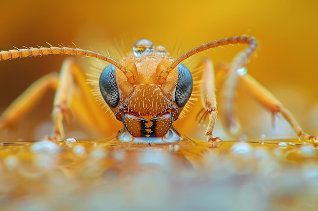 A closeup of an ant carrying a droplet of water back to the nest the water magnifying its eyes as