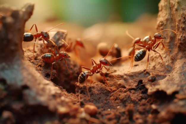 Closeup of ants tunneling through soil in colony