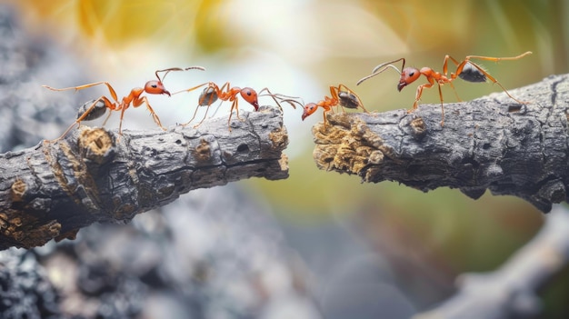 A closeup of ants working together to construct a makeshift bridge over an obstacle in their path demonstrating ingenuity in problemsolving