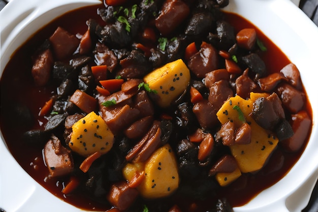 Closeup of an appetizing Feijoada from Brazil traditional and full of flavor with its juicy meat and creamy black beans Generated by AI