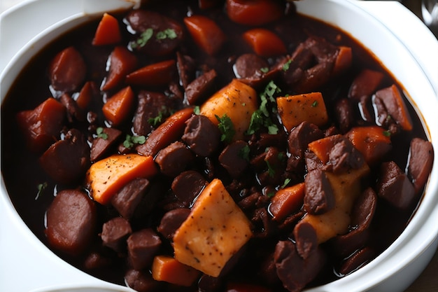 Closeup of an appetizing Feijoada from Brazil traditional and full of flavor with its juicy meat and creamy black beans Generated by AI