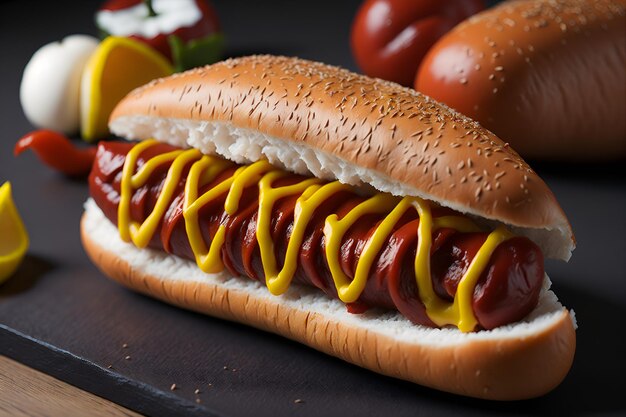 Closeup appetizing hot dog stuffed with delicious ingredients ready to be enjoyed Generated by AI