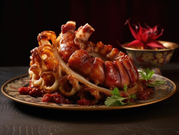 Closeup of appetizing pork ear dish in restaurant