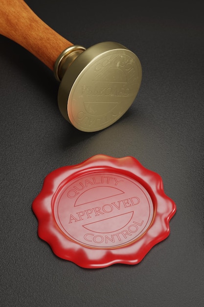 closeup of approved quality control wax seal 3d illustration