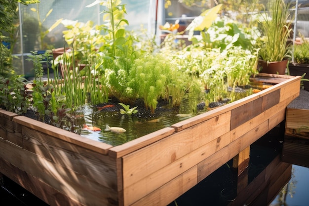 Closeup of aquaponics system showing fish swimming and plants growing created with generative ai