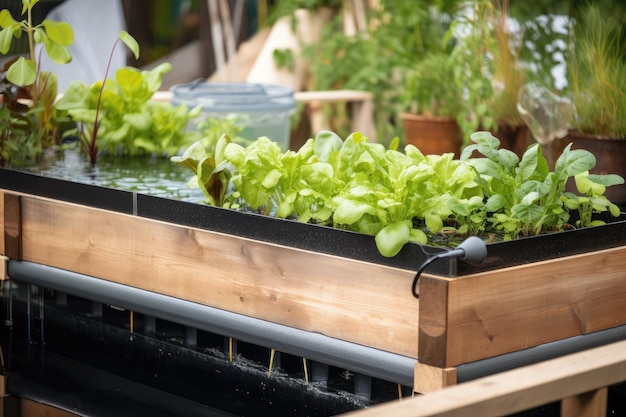 Closeup of aquaponics system with water flowing and plants growing created with generative ai