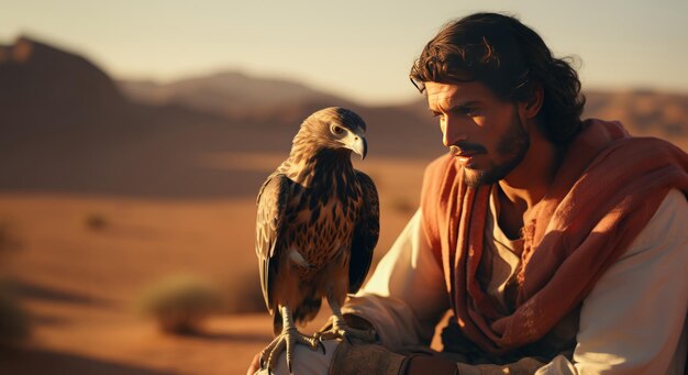 Closeup of Arab man training falcon in the desert