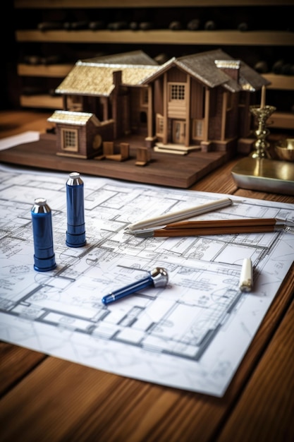 Photo closeup of architect blueprints on a wooden table created with generative ai