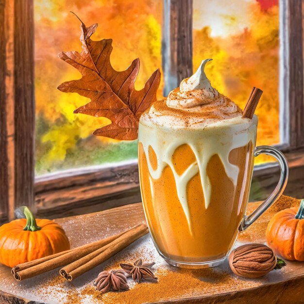 A closeup art of a pumpkin spice latte with frothy milk art in the shape of a falling leaf