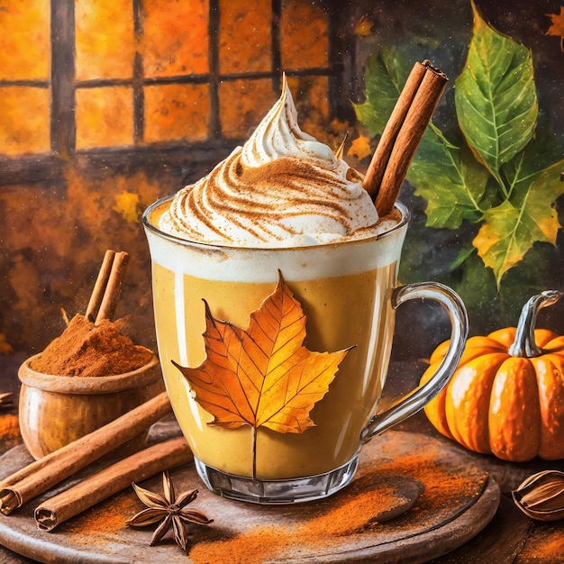 Photo a closeup art of a pumpkin spice latte with frothy milk art in the shape of a falling leaf