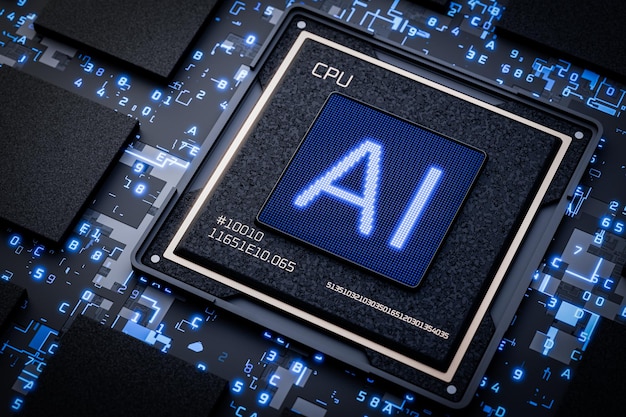 closeup of an artificial intelligence microchip robotics mind ai artificial intelligence generates content ai for controlling a robot ai writes program code 3d render