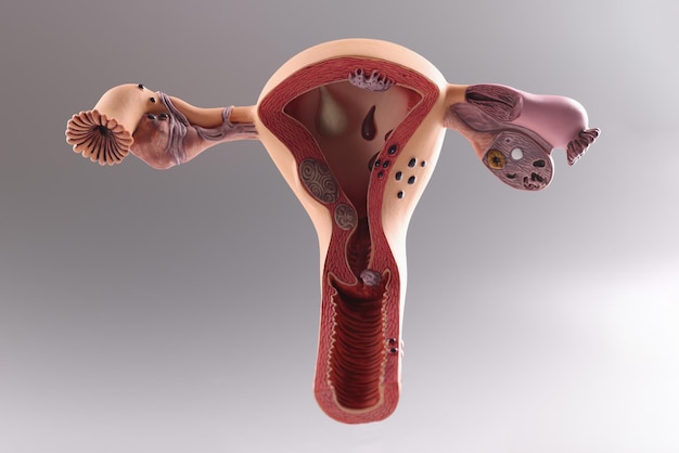 Photo closeup of artificial plastic model of uterus and ovaries on gray background