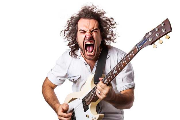 Foto close-up di un artista musicista suona la chitarra canta forte urla emotivamente eccitato bianco