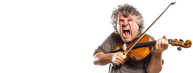 Closeup of an artist musician plays the guitar sings loudly screams emotionally excitedly white