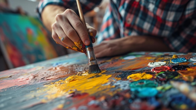 Closeup of an artist s hand skillfully applying vibrant paint on a colorful canvas