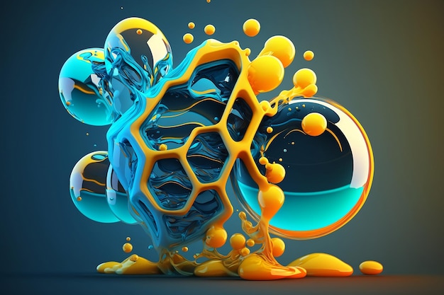 Closeup artwork of a glass sphere and abstract shapes in blue and yellow colors on clean background