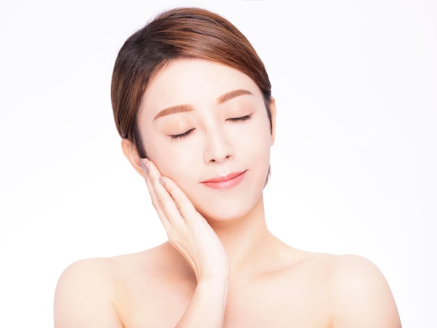 Closeup asian beauty face with skin care healthy