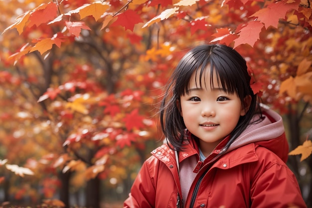 Closeup of Asian Girl in Autumn Leaves