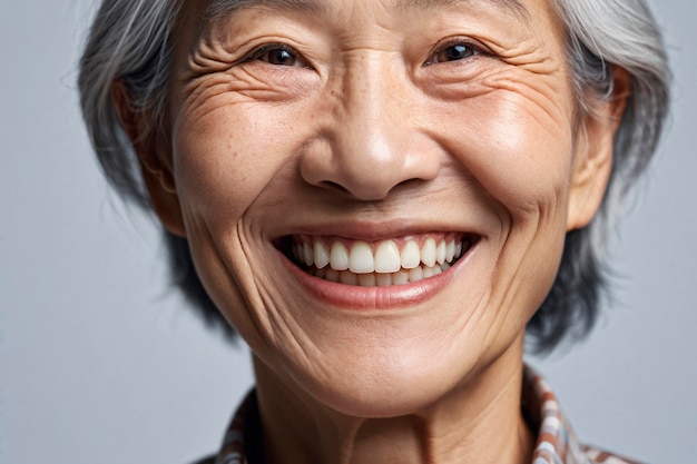 Closeup of an Asian middleaged and elderly woman grinning