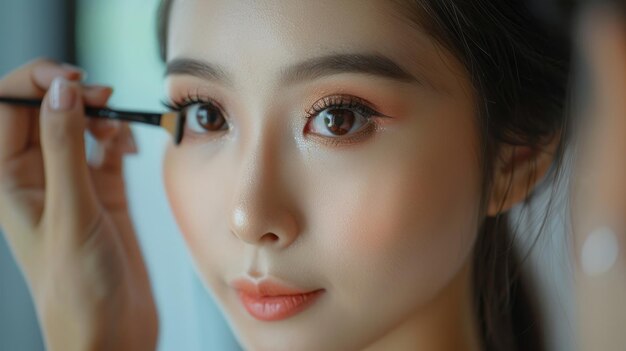 CloseUp of Asian Woman Applying Eyeshadow with Precision