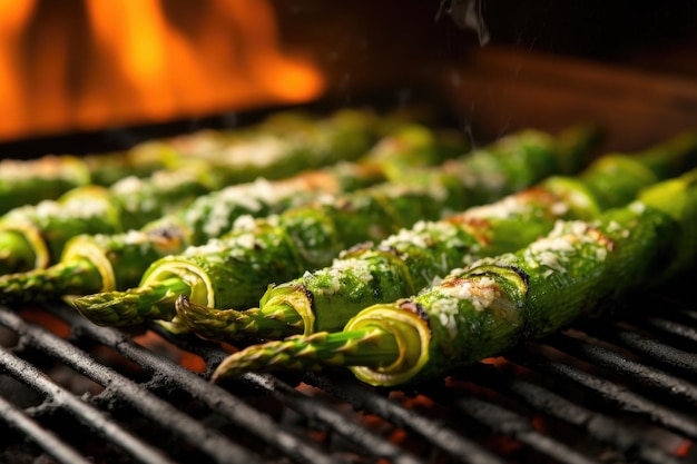 Closeup of asparagus spears on a hot grill created with generative ai