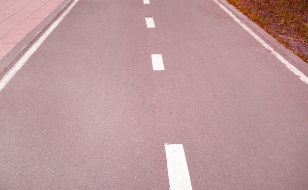 Closeup of an asphalt road with an intermittent marking line Selective focus pink tinting