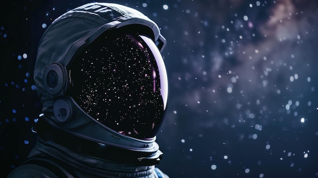 Closeup of an astronauts helmet reflecting a myriad stars capturing a sense of exploration