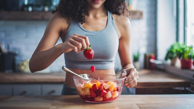 Клоуз-ап спортивной женщины, добавляющей клубнику во время приготовления фруктового салата на кухне