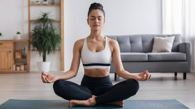 Closeup of athletic woman meditating in lotus position at home