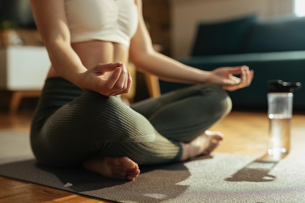 Primo piano della donna atletica che pratica yoga nella posizione del loto