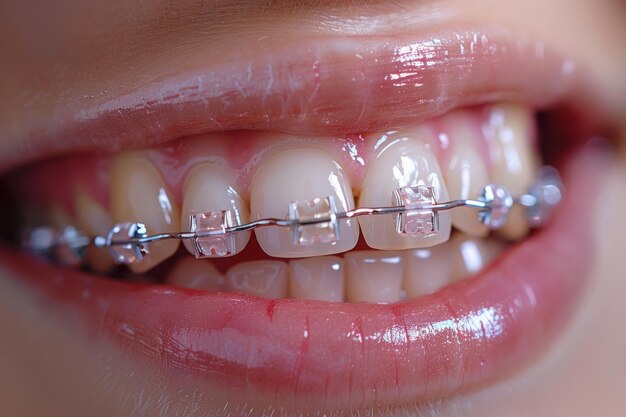 A closeup of an attractive woman39s smile with ceramic braces and metal brackets on her teeth This is an orthodontic treatment