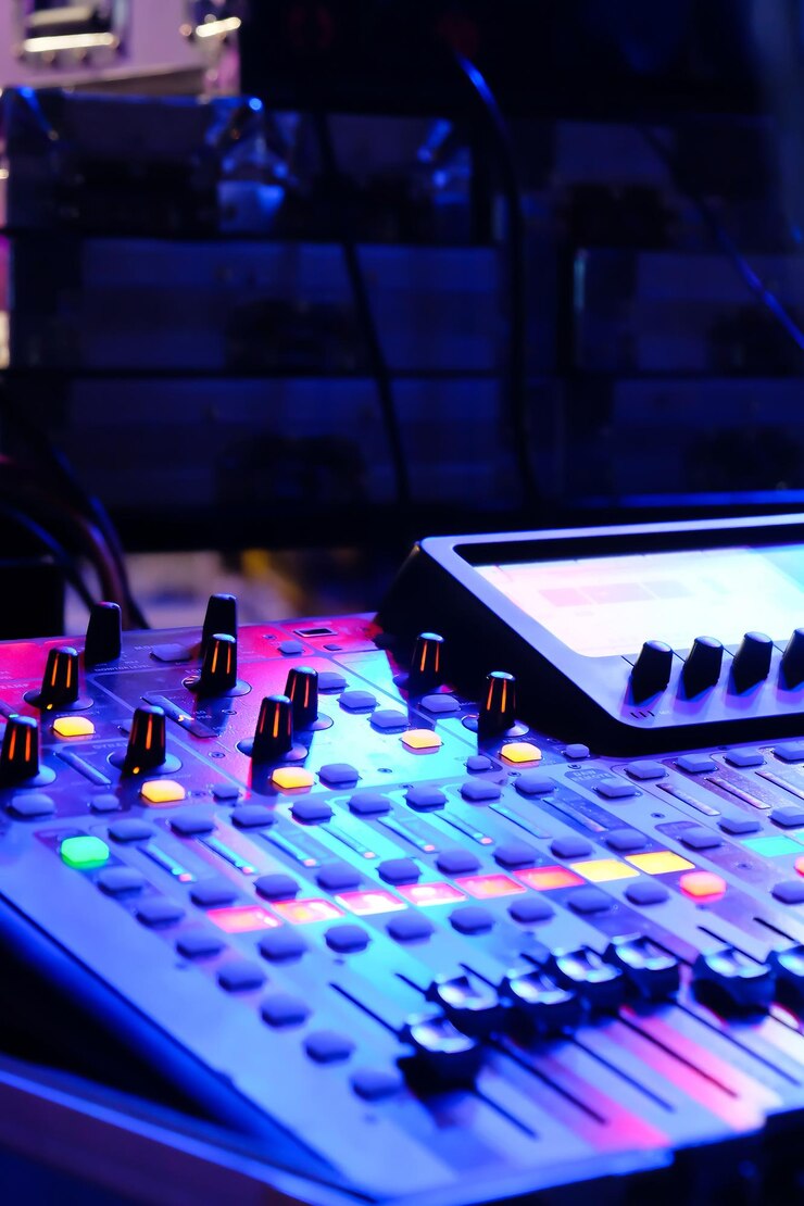 Closeup of an audio mixing control panel