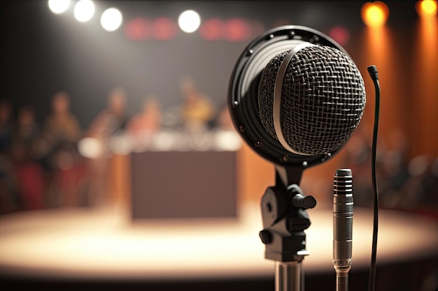 Closeup of audio speaker on stage with microphone and music stand visible