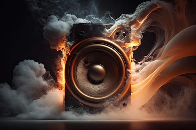 Closeup of audio speaker with dramatic lighting and smoke effects