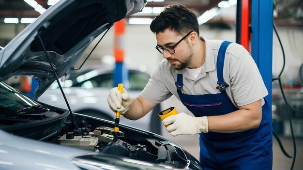 Closeup of a auto repairman checking car oil in a workshop