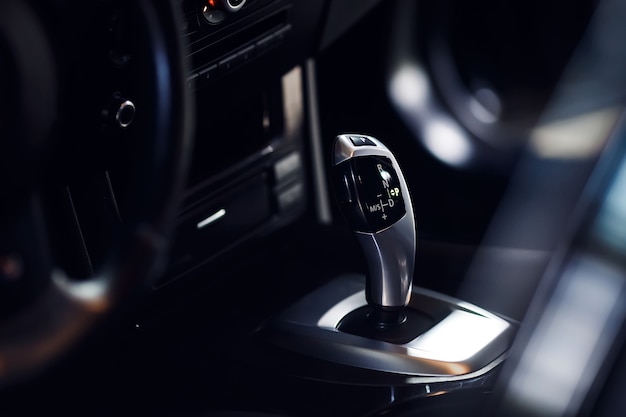 Closeup of an automatic transmission knob in a new modern car