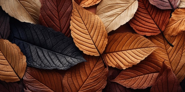 クローズアップ秋の乾燥葉のテクスチャ壁紙創造的な森の葉のバナーポストカードブックイラストカード用生成AIツールで作成