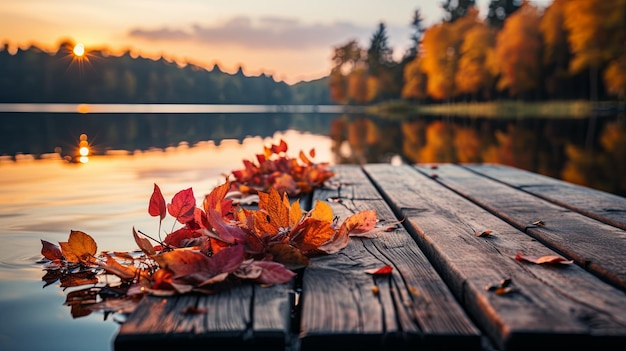 Foto close-up del fogliame autunnale su sfocatura sullo sfondo del legno