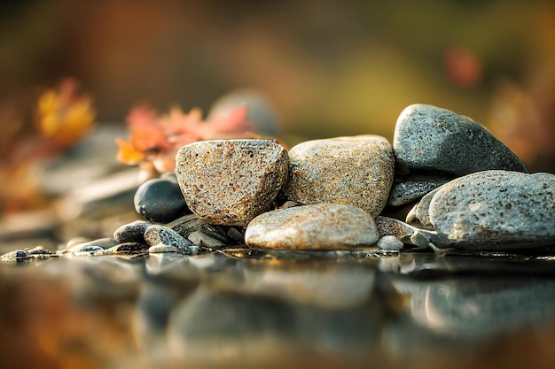Closeup on autumn leaves and a cairn in a lake spa relax tranquility concept