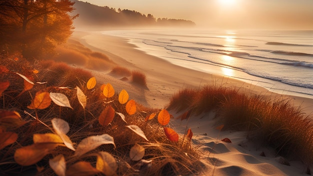 Closeup autumn leaves lying on the sand at the beach Sunset